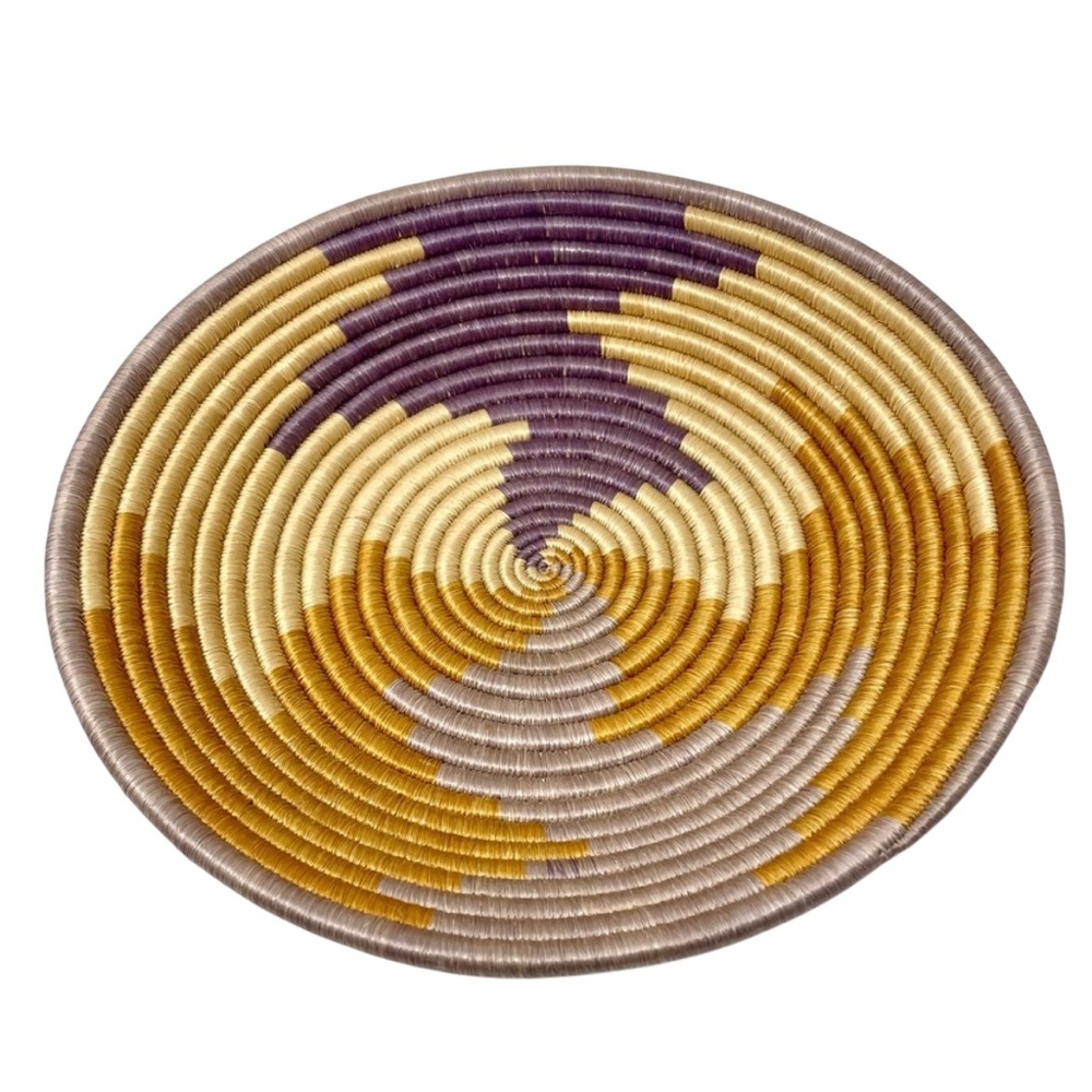 Handwoven Sisal Coil Swirl Basket Wall Decor Natural Fibers Purple Brown 11.5” - Picture 3 of 7